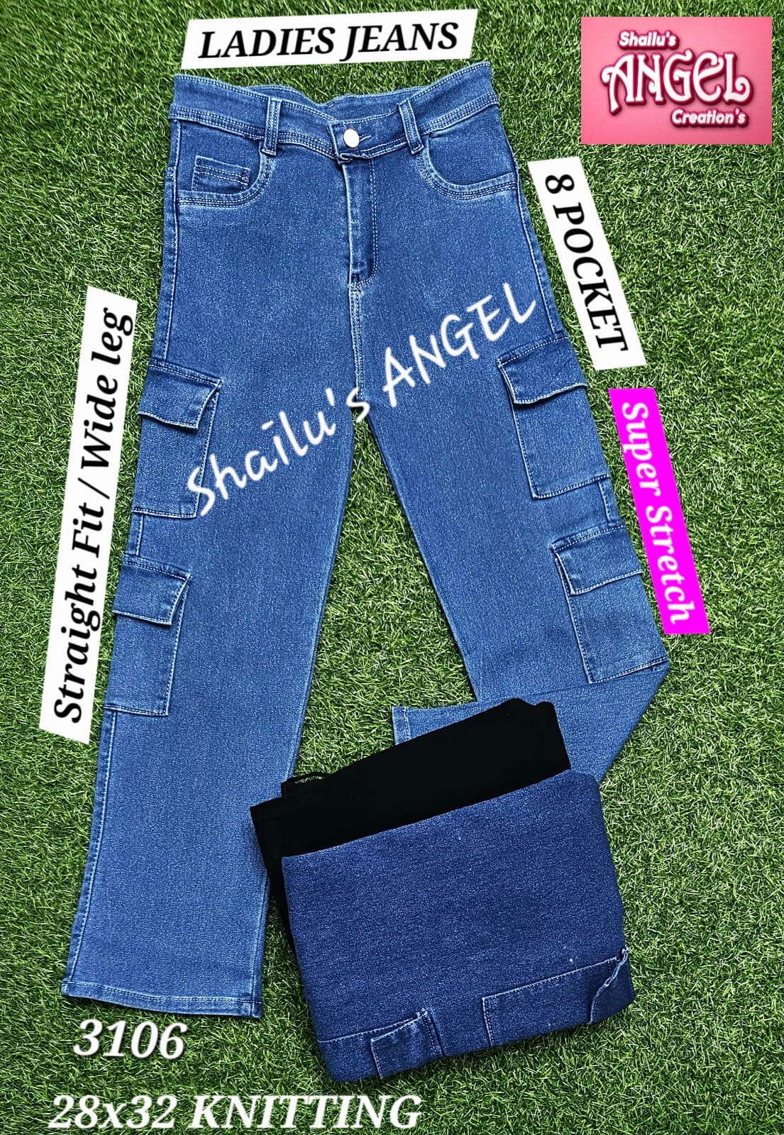 Women Denim Jeans 8 Pocket Cargo Blue